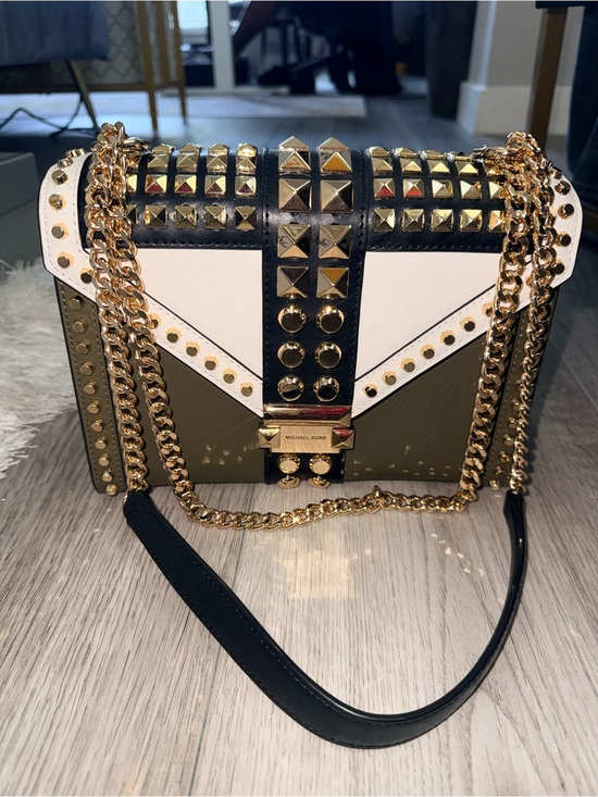 Michael Kors Handbags - Michael Kors Olive, Black & White Studded Crossbody with Gold Chain